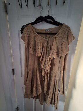 Ruffled Lightweight Knit Tunic Cardigan - Tan